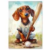 Dachshund Baseball Dog Art for Sports Lovers Painting Artwork for Pet Parents Wall Decor on Ready to Hang 1.5" Thick Canvas Wrap, Floating Framed Canvas, Flat Rolled Canvas